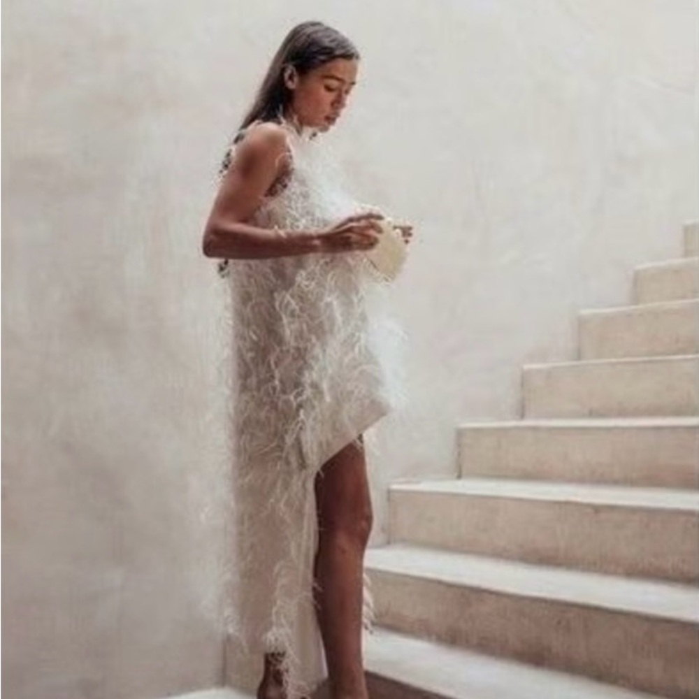 Cult Gaia Asymmetrical Cream Feather Dress